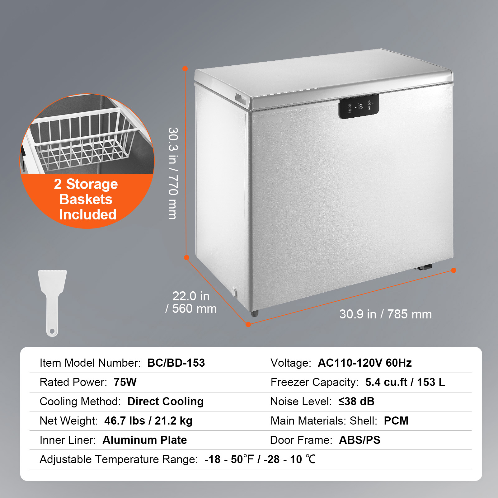 VEVOR 2.22-19.8 cu.ft Chest Freezer Deep Freezer Fridge Digital Display w/Basket