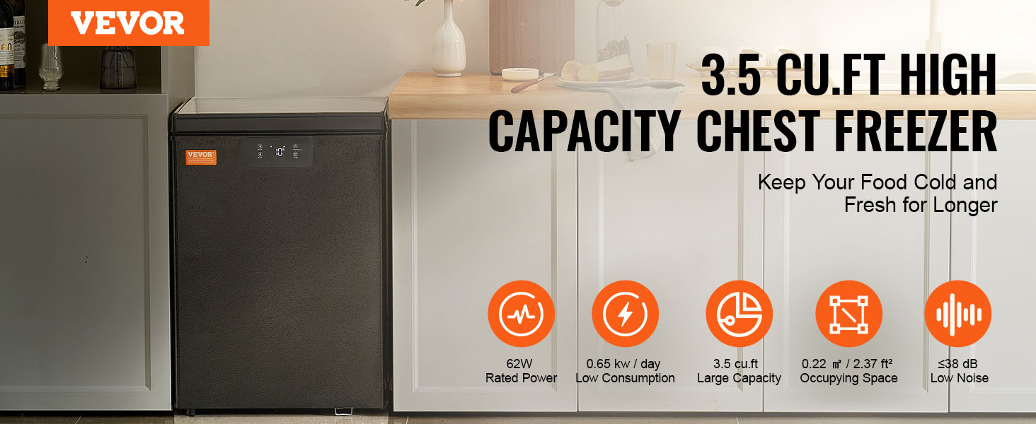 VEVOR Chest Freezer 2.22 Cu.ft 63 L Compact Deep Freezer Free Standing Top Open Door Chest Freezers with 2 Removable Baskets Adjustable Thermostat Energy Saving Low Noise Black VEVOR US