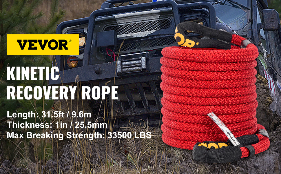 VEVOR 1 inch x 31.5' Recovery Tow Rope, 33,500 lbs, Heavy Duty Nylon Double Braided Kinetic Energy Rope w/ Loops and Protective Sleeves, for Truck Off