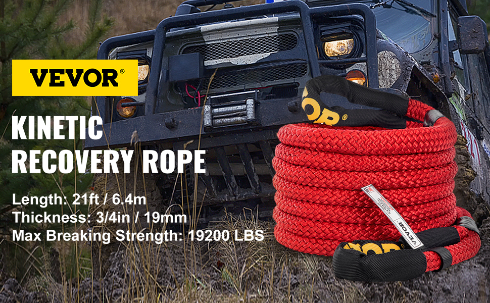 VEVOR 3/4" x 21' Kinetic Recovery Rope, 19,200 lbs, Heavy Duty Nylon Double Braided Kinetic Energy Rope w/ Loops and Protective Sleeves, for Truck Off-Road Vehicle ATV UTV, Carry Bag Included, Red