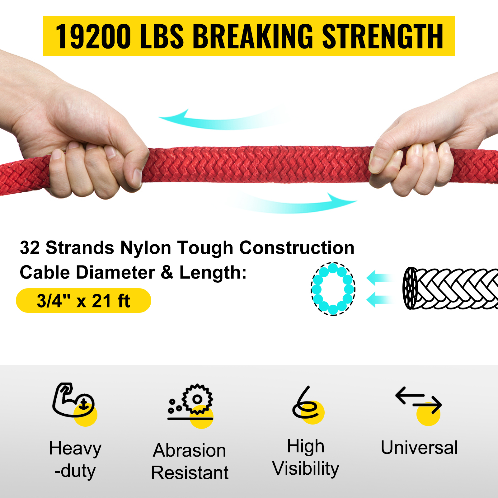 VEVOR 3/4" x 21' Kinetic Recovery Rope, 19,200 lbs, Heavy Duty Nylon Double Braided Kinetic Energy Rope w/ Loops and Protective Sleeves, for Truck Off-Road Vehicle ATV UTV, Carry Bag Included, Red