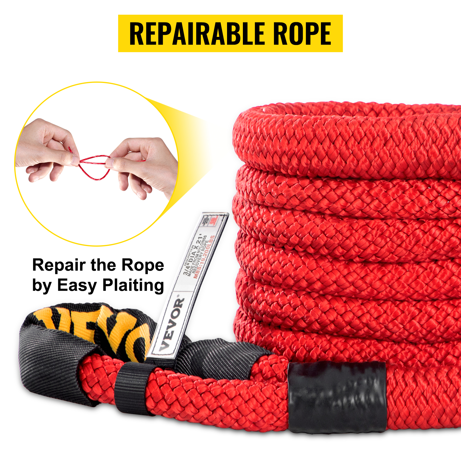 VEVOR 3/4" x 21' Kinetic Recovery Rope, 19,200 lbs, Heavy Duty Nylon Double Braided Kinetic Energy Rope w/ Loops and Protective Sleeves, for Truck Off-Road Vehicle ATV UTV, Carry Bag Included, Red