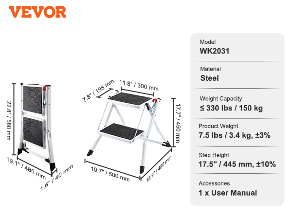 VEVOR Sgabello 2 Gradini Pieghevole Portatile Altezze Regolabili Carico 150  kg