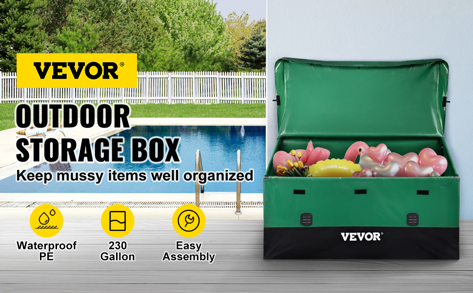 VEVOR Outdoor Storage Box, 230 Gallon Waterproof PE Tarpaulin Deck Box w/  Galvanized Frame, All-Weather Protection & Portable, for Camping, Garden,  Poolside, and Yard, Brown & Blue