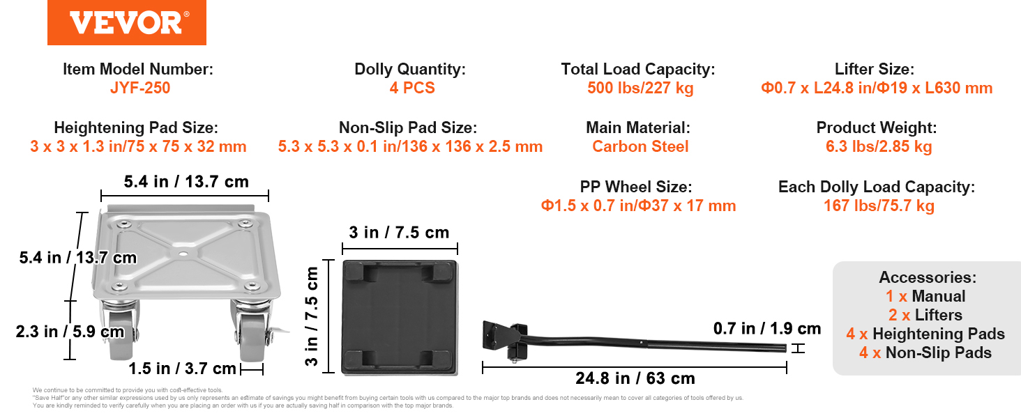 VEVOR Furniture Dolly Furniture Moving Dollies with 360° PP Swivel Wheels & Carbon Steel Panel 250 lbs Capacity Furniture Lift Mover Tool Set for
