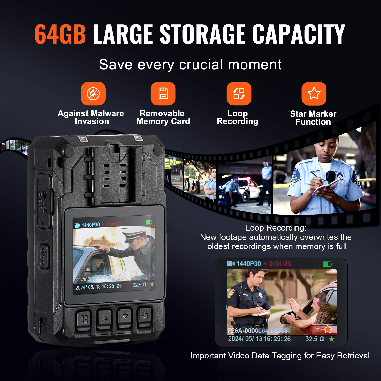 1440P Police Body Camera 64/128G Body Cam with 2850/3500 mAh Battery Night - Picture 16 of 36