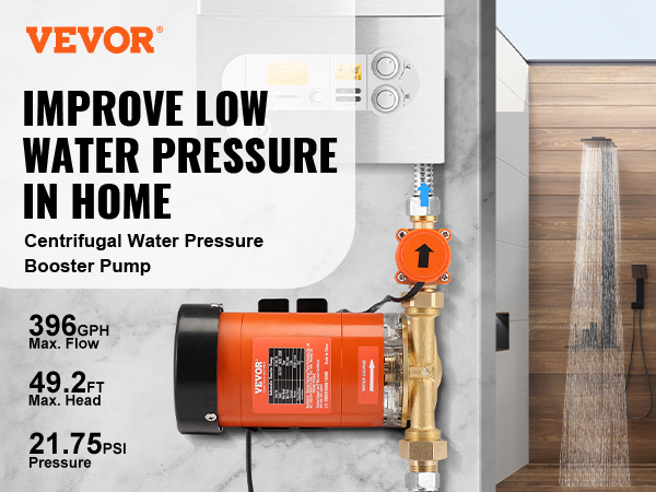 VEVOR 120W Water Pressure Booster Pump, 110V AC,396 GPH 21.75 PSI Household  Home Automatic Pressure Booster Pump, Max Flow 25 L/min Shower Booster