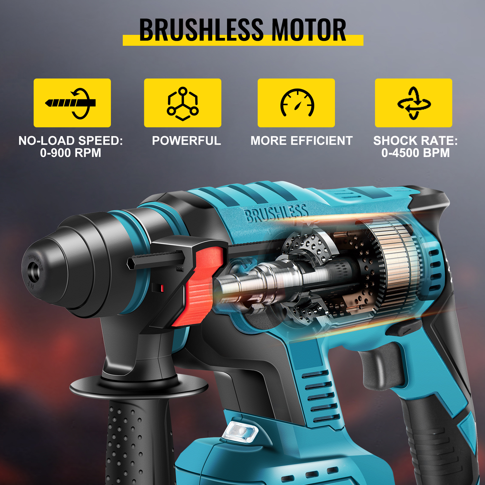 VEVOR SDSPlus Rotary Hammer Drill, 900 rpm & 450 bpm Variable Speed