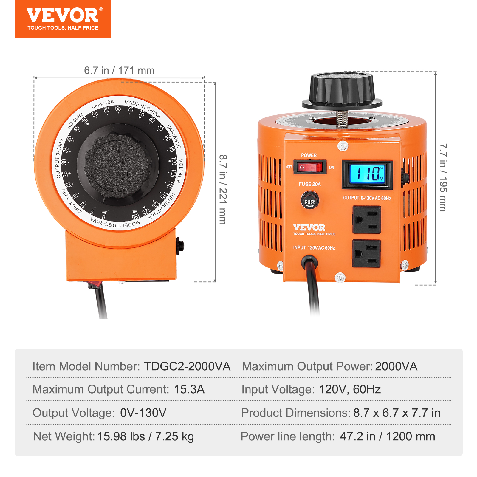 2000/1000/500VA Variable Voltage Transformer 15.3/7.69/3.84A 0-130V - Picture 33 of 74