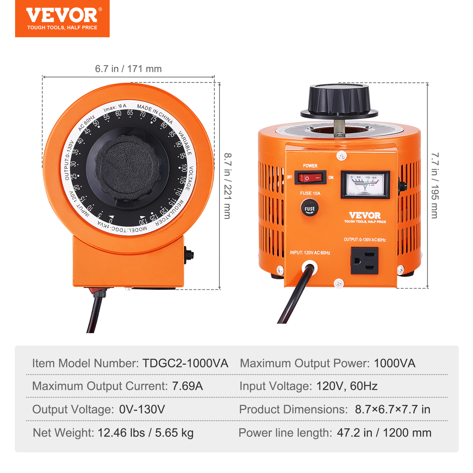 2000/1000/500VA Variable Voltage Transformer 15.3/7.69/3.84A 0-130V - Picture 21 of 74
