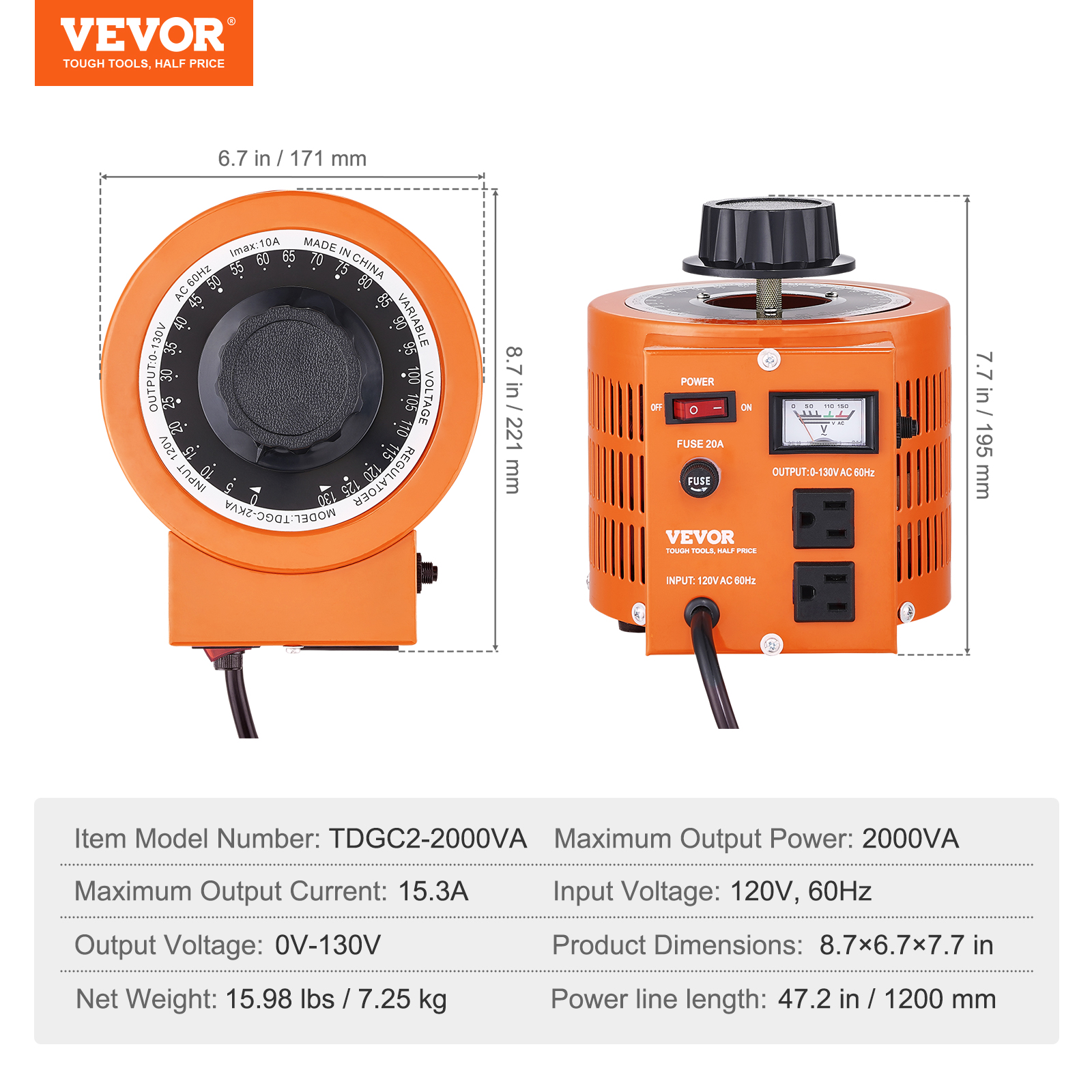 2000/1000/500VA Variable Voltage Transformer 15.3/7.69/3.84A 0-130V - Picture 9 of 74
