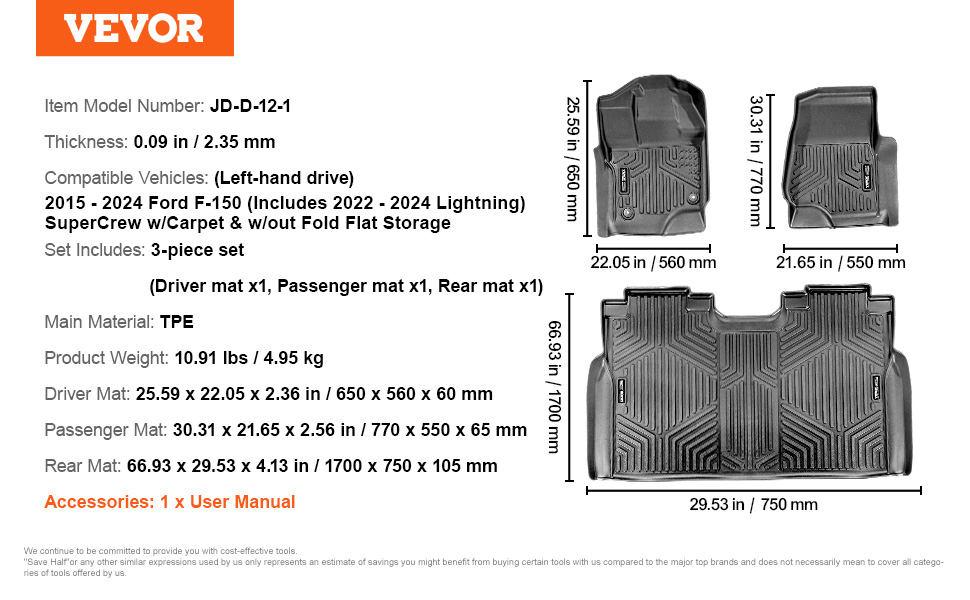 OEDRO TPE Floor Mats For 2015-2025 Ford F-150 & F-150 Lightning Super Crew Cab – 3-Piece Liner Set In Black
