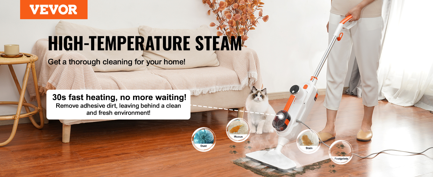 VEVOR Steam Mop, 8-in-1 Hard Wood Floor Cleaner with 7 Replaceable Brush Heads, for Various Hard Floors, Like Ceramic, Granite, Marble, Linoleum, Natural Floor Mop with 2 pcs Machine Washable Pads