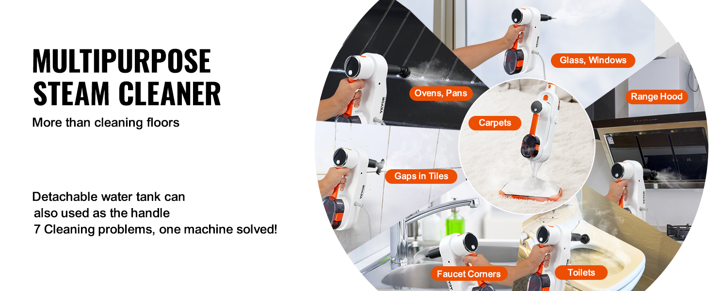 VEVOR Steam Mop, 8-in-1 Hard Wood Floor Cleaner with 7 Replaceable Brush Heads, for Various Hard Floors, Like Ceramic, Granite, Marble, Linoleum, Natural Floor Mop with 2 pcs Machine Washable Pads