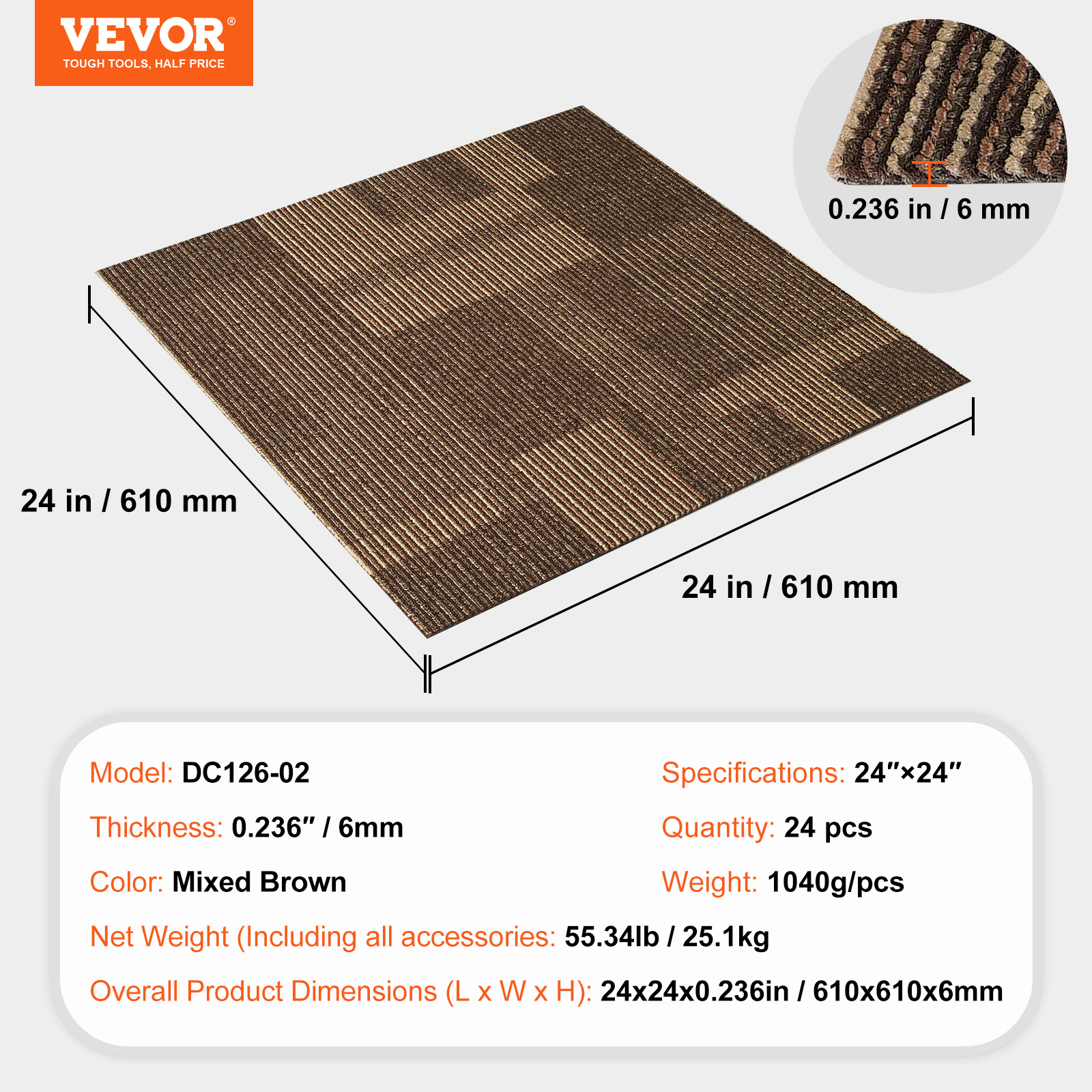 VEVOR Carpet Tile Floor 12/16/20/24 pcs Squares w/Padding Attached 20x20/24x24in - Picture 57 of 62