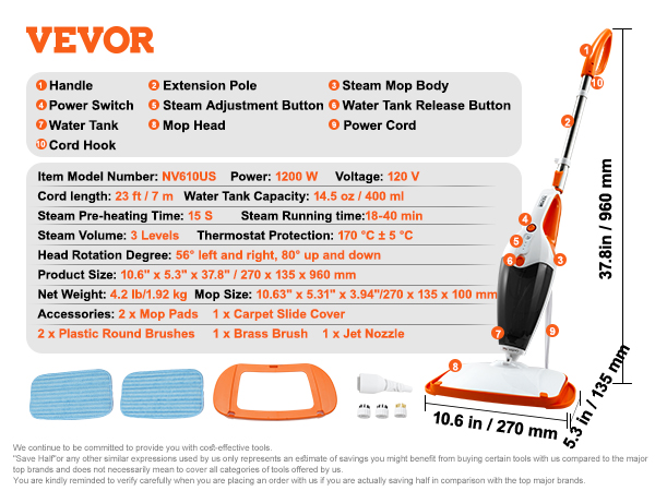 VEVOR 2-in-1 Steam Mop with 2 Microfiber Mop Pads and A Water Tank Natural Floor Flat Mop for Various Hard Floors