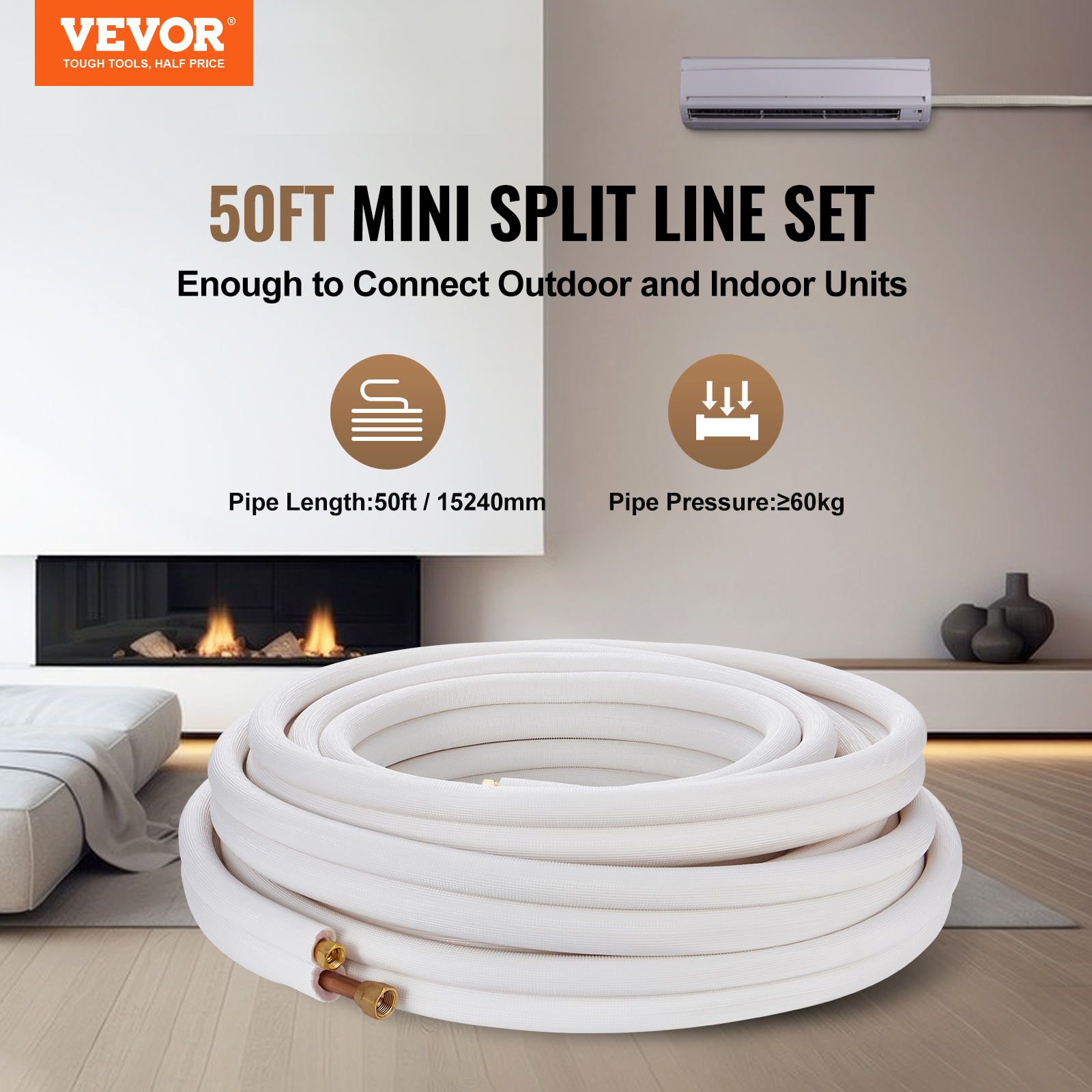 VEVOR Mini Split Ductless Line Set Insulated Kit Copper Tubing AC 16/25 ...