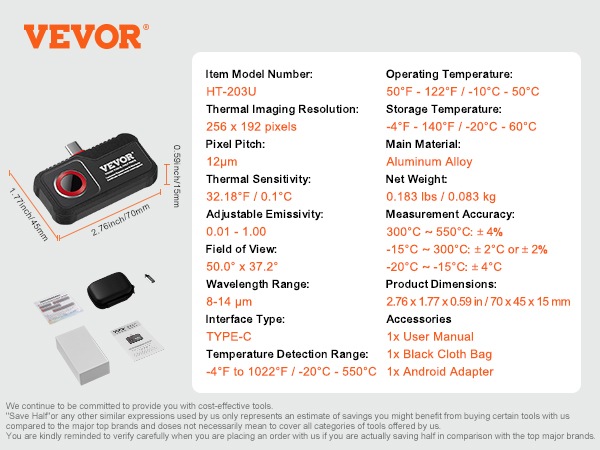 VEVOR Thermal Imaging Camera for Android, 256 x 192 IR Resolution ...
