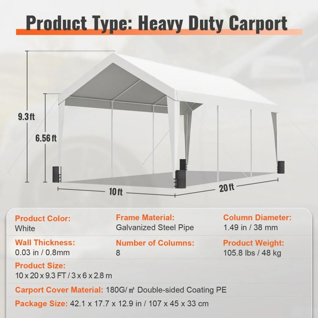 Carport Car Canopy Garage Shelter Tent 10/12x20FT 8 Legs Sidewalls&Windows - Picture 63 of 67