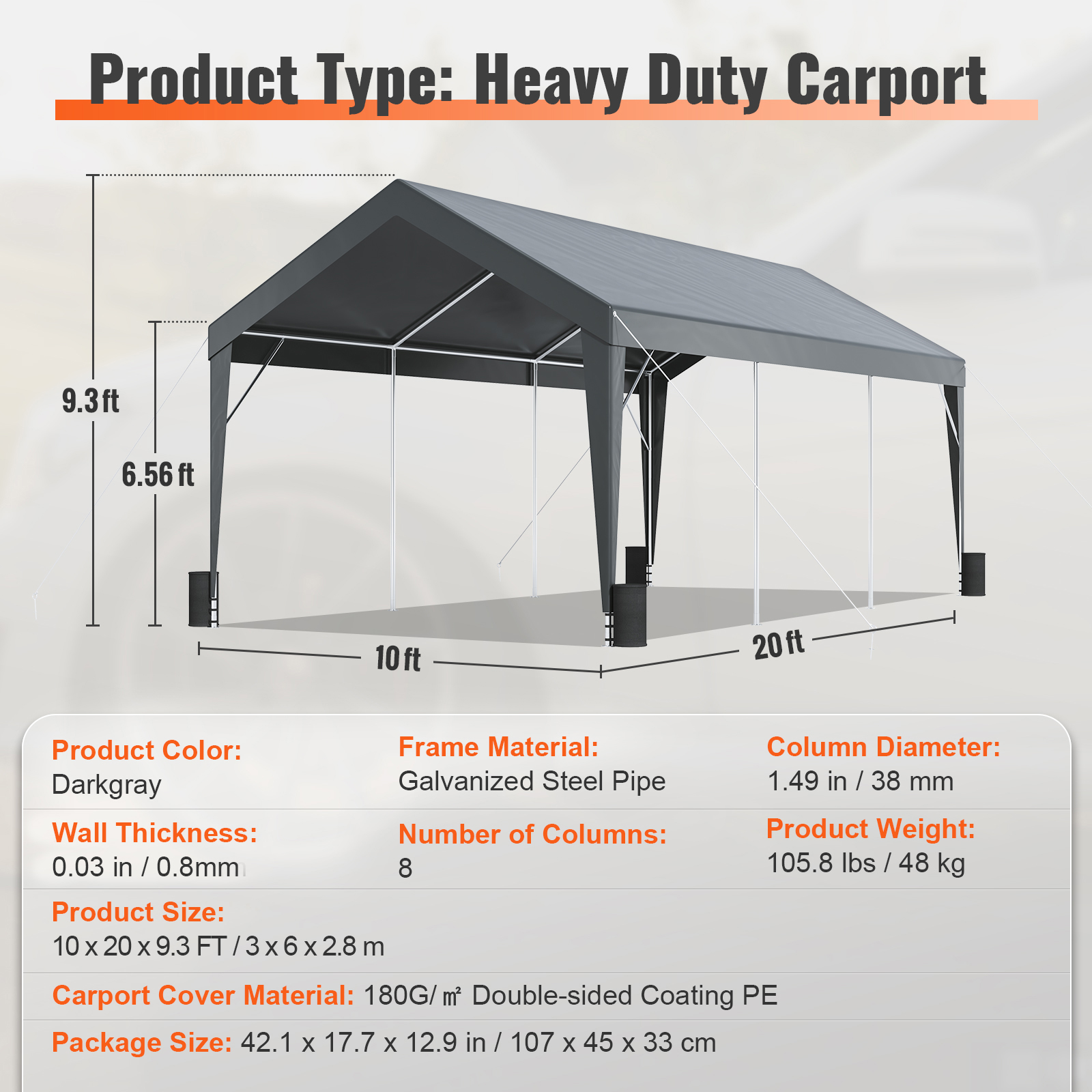 Carport Car Canopy Garage Shelter Tent 10/12x20FT 8 Legs Sidewalls&Windows - Picture 52 of 67