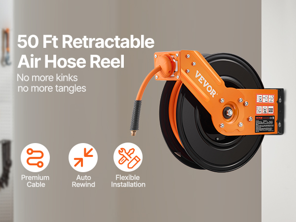 Carrete Retráctil De Manguera De Aire VEVOR - 30.5m De Manguera Híbrida, Presión 300 PSI, Rebobinado Automático, Montaje En Pared/techo/suelo