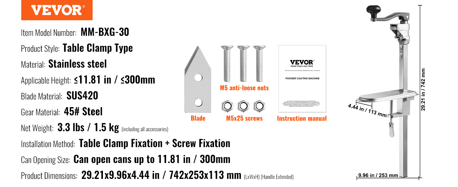 Ruční otvírák na konzervy VEVOR, komerční stolní svěrný otvírák na velké konzervy, otvírák na konzervy pro velké zatížení se základnou, nastavitelná výška Průmyslový otvírák na konzervy do výšky 11,8
