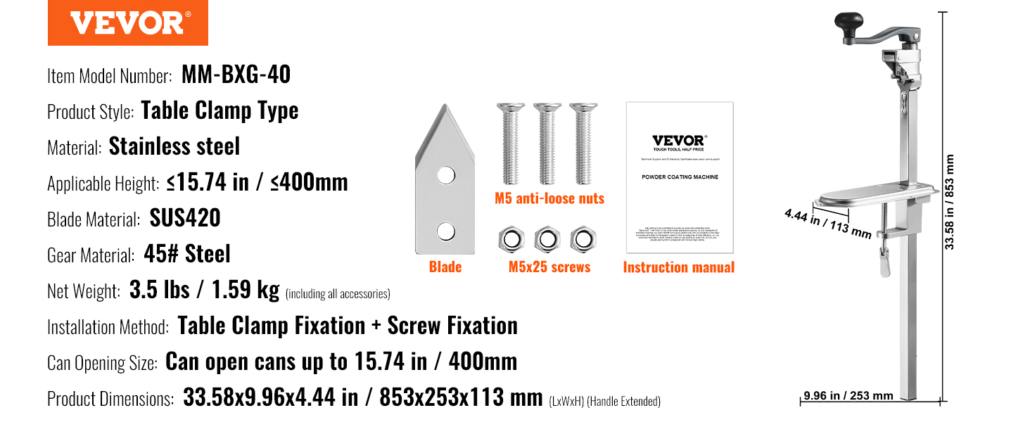 VEVOR commercial can opener: stainless steel, table clamp type, can open cans up to 15.74 inches.