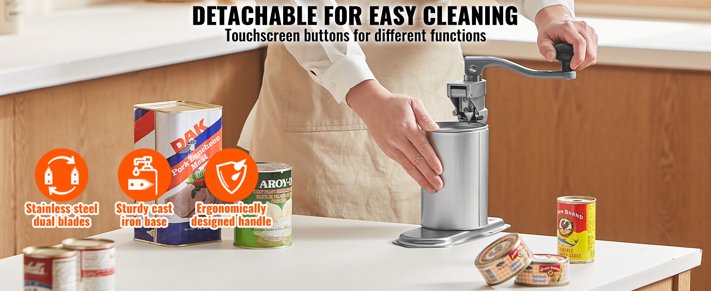 VEVOR commercial can opener, detachable for easy cleaning, stainless steel dual blades, cast iron base.