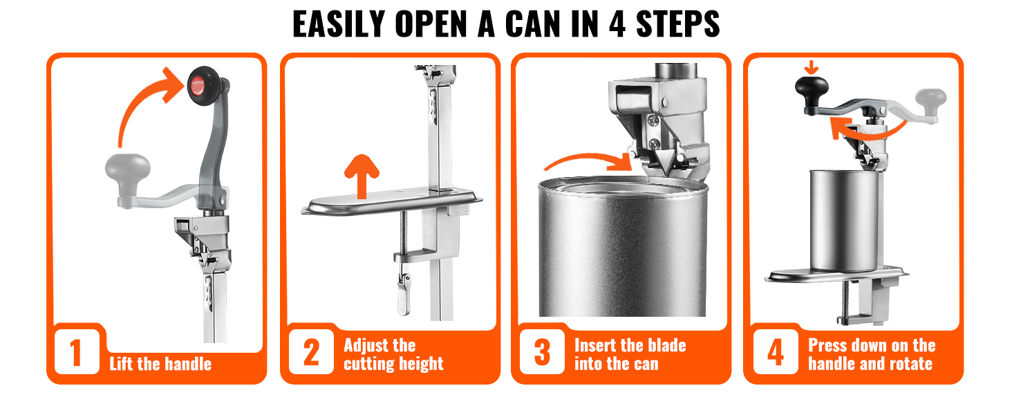 VEVOR commercial can opener: 4-step guide to easily open cans - lift handle, adjust height, insert blade, rotate.