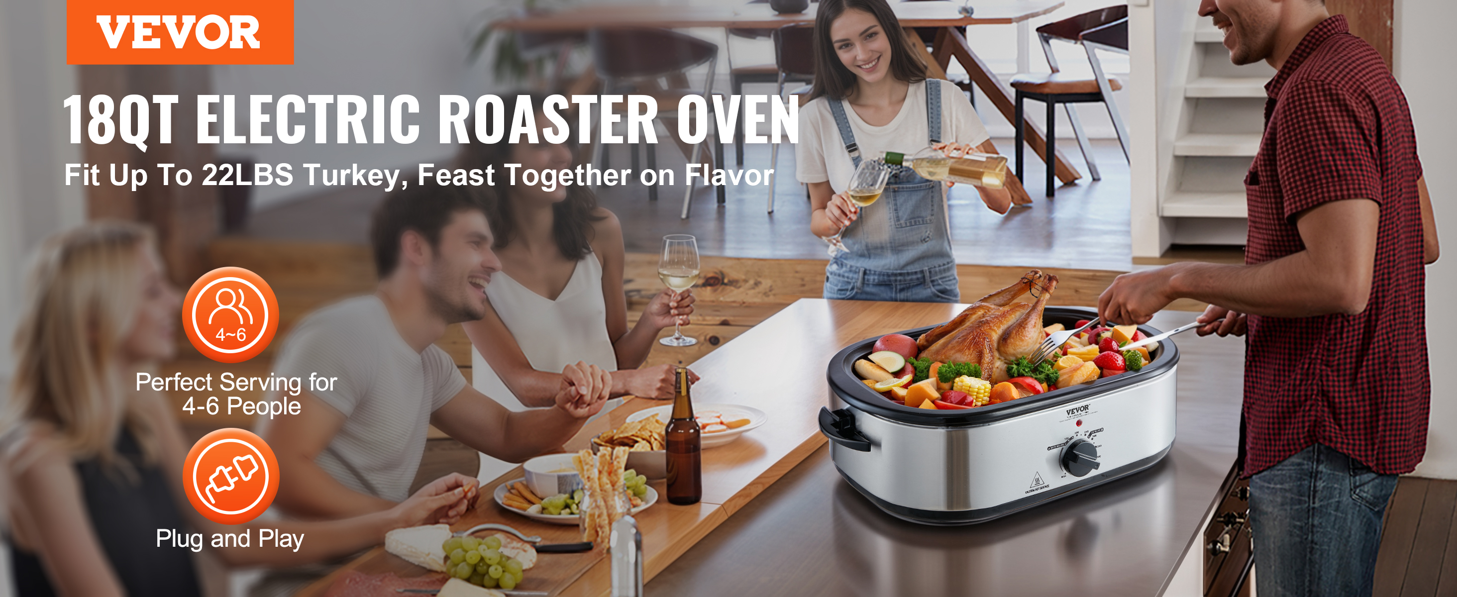 VEVOR Electric Roaster Oven, 18 QT Turkey Roaster Oven with SelfBasting Lid, 1450W Roaster Oven