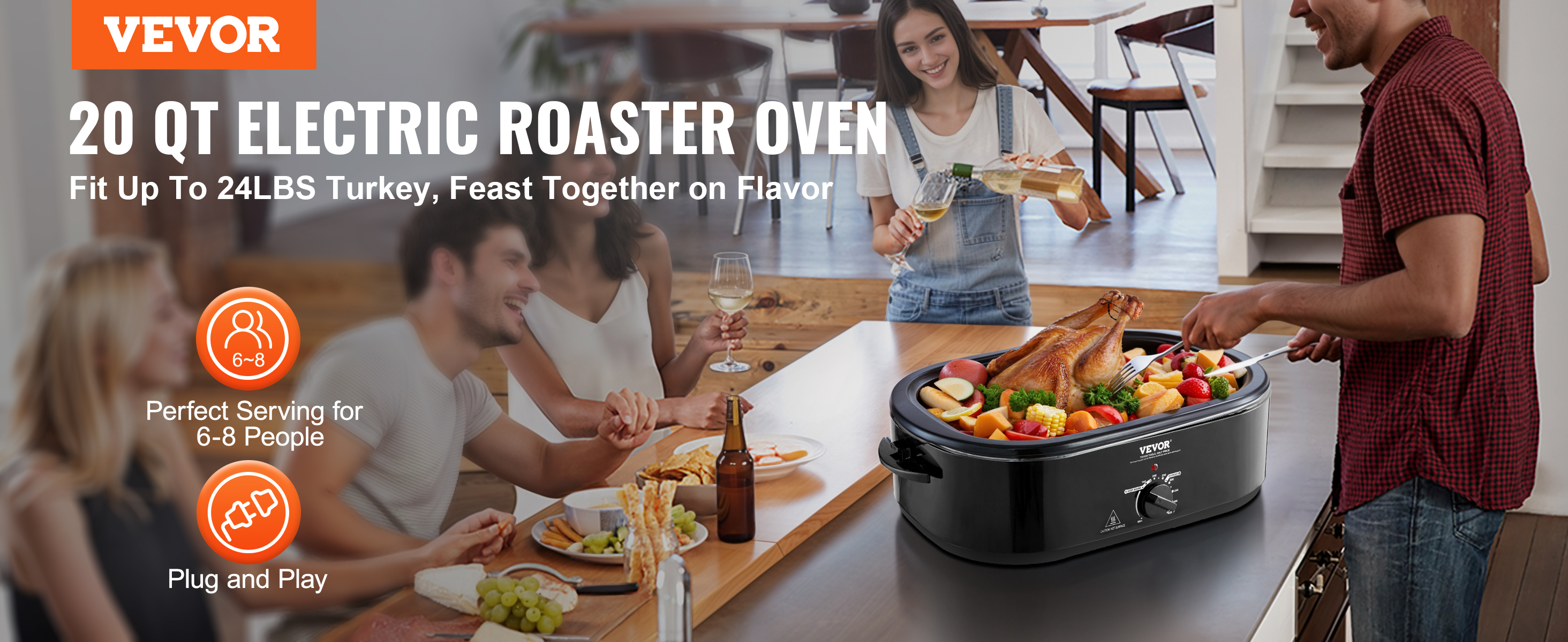 VEVOR Electric Roaster Oven, 20 QT Turkey Roaster Oven with SelfBasting Lid, 1450W Roaster Oven