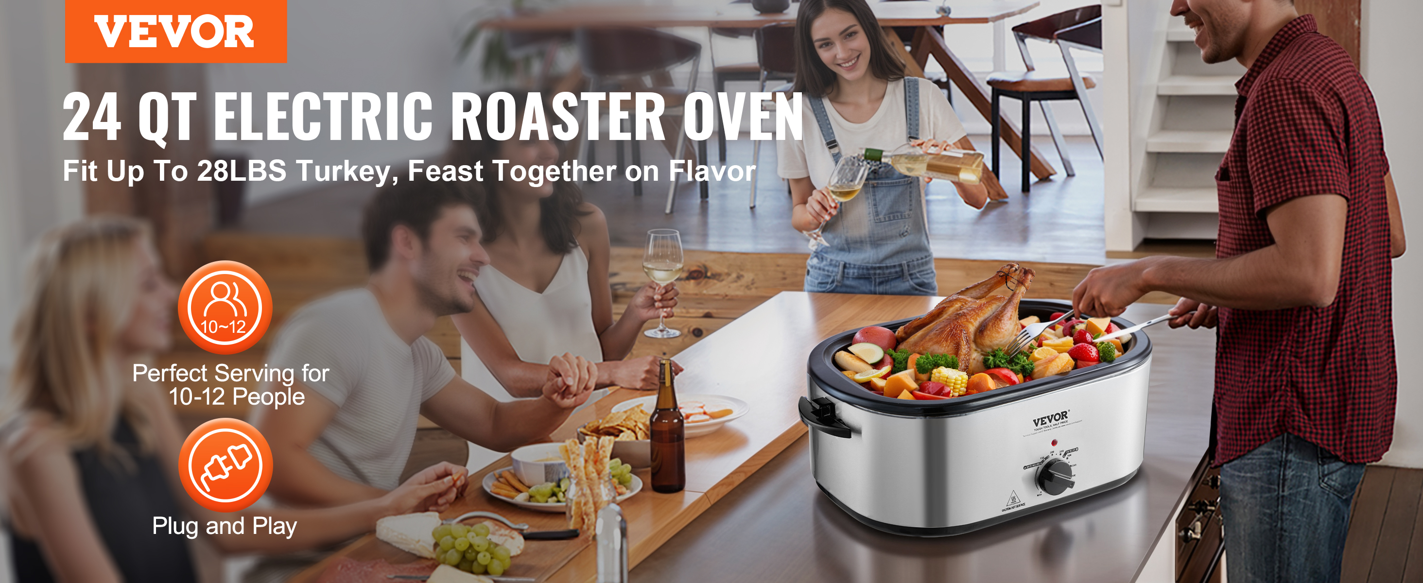 VEVOR Electric Roaster Oven, 24 QT Turkey Roaster Oven with SelfBasting Lid, 1450W Roaster Oven