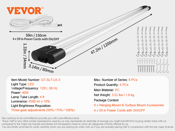 VEVOR 4 Pack LED Shop Light, 4 FT, 40W Linkable Shop Light Fixture, 4500 LM Surface & Hanging Mount Ceiling Lights 59 in Power Cords with ON/OFF Switch, for Garage Warehouse Home Workkshop and Office