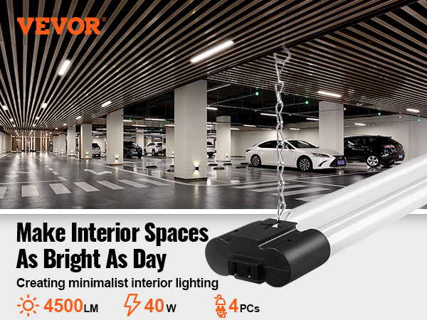 VEVOR 4 Pack LED Shop Light, 4 FT, 40W Linkable Shop Light Fixture, 4500 LM Surface & Hanging Mount Ceiling Lights 59 in Power Cords with ON/OFF Switch, for Garage Warehouse Home Workkshop and Office