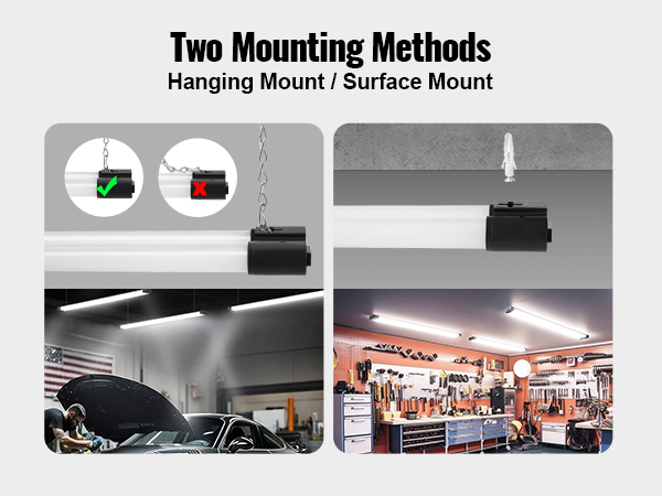 VEVOR 4 Pack LED Shop Light, 4 FT, 40W Linkable Shop Light Fixture, 4500 LM Surface & Hanging Mount Ceiling Lights 59 in Power Cords with ON/OFF Switch, for Garage Warehouse Home Workkshop and Office