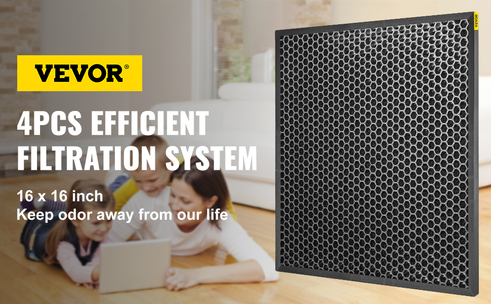 VEVOR HEPA Replacement Filter, 4pcs Active Carbon Air Filter, 16''x16'' Filter, High-Efficient Air Filter Replacement Set with Metal Mesh Cover