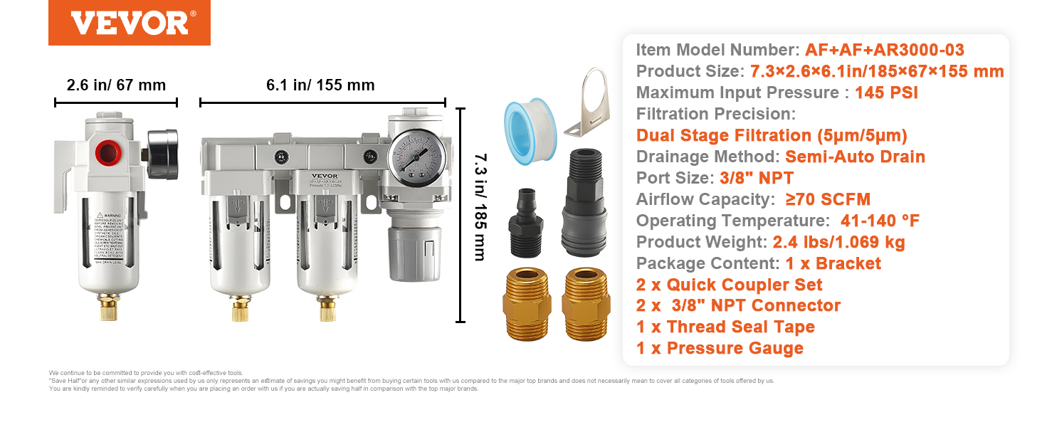BENTISM Air Compressor Filter Regulator, 3/8 NPT 5μm Air Compressor Water  Separator, Semi-Auto Drain Air Drying System with Brass Filter Element,  Double Stage, 7.5-125PSI Pressure Regulator 