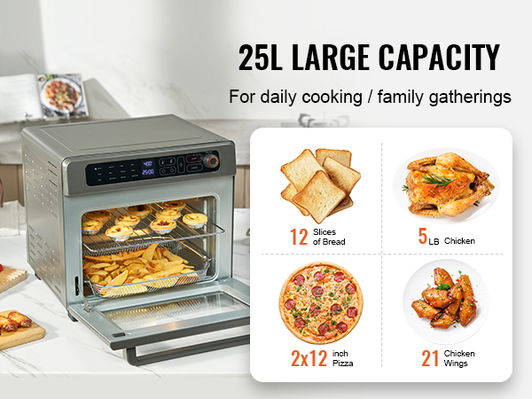 Air Fryer Toast Oven Combo 26 qt Steam Convection Oven Countertop with 6 Slice Toast, 12 Pizza, Black Stainless Steel