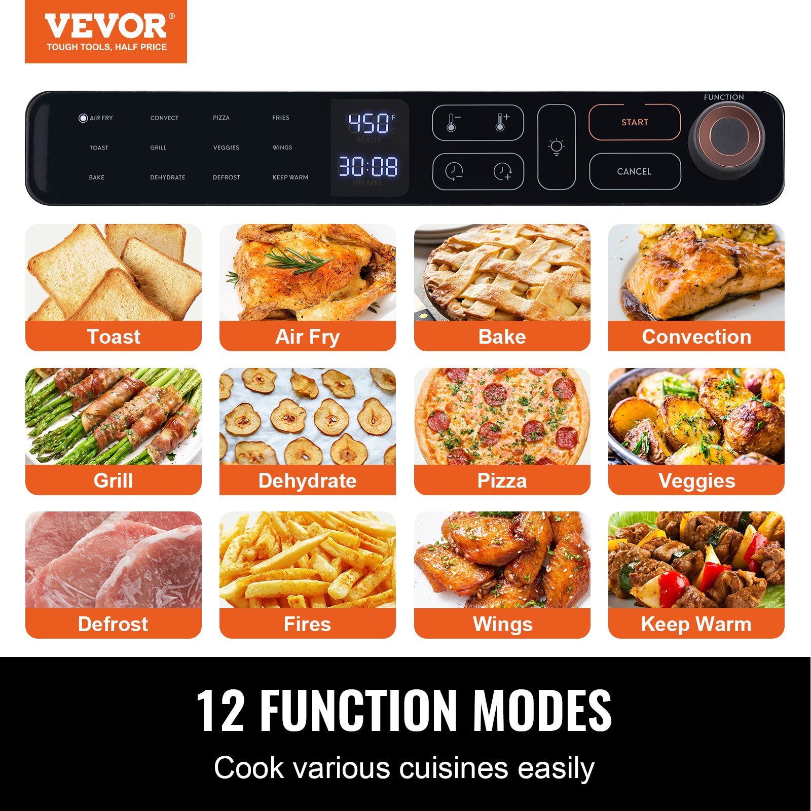 Stainless Steel Air Fryer Toaster Oven with Convection and Steam Cooking