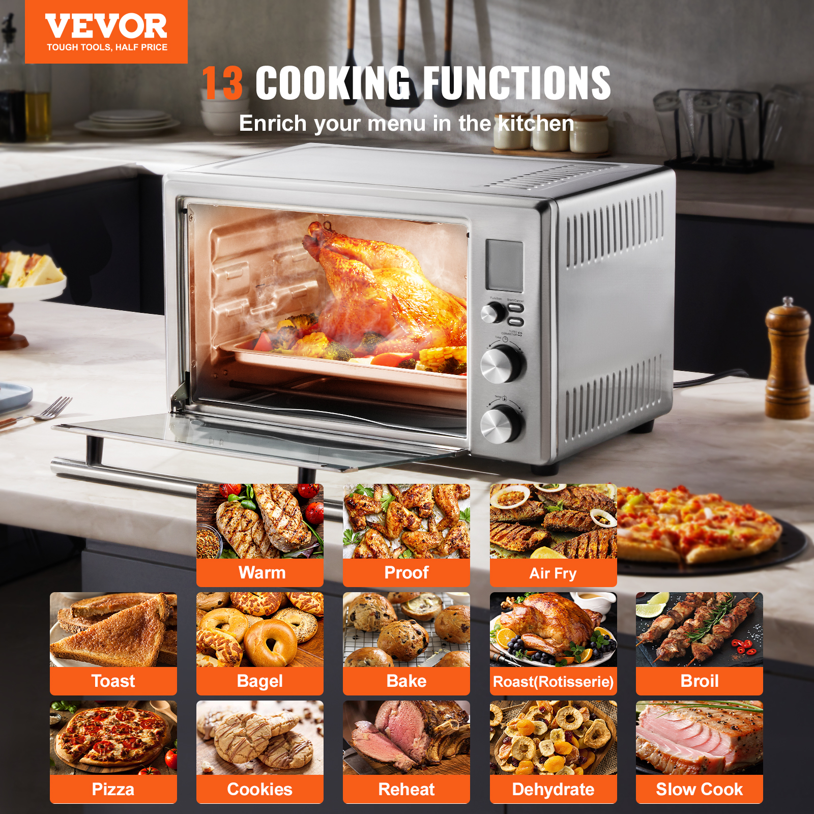 Stainless Steel Air Fryer Toaster Oven with Convection and Steam Cooking