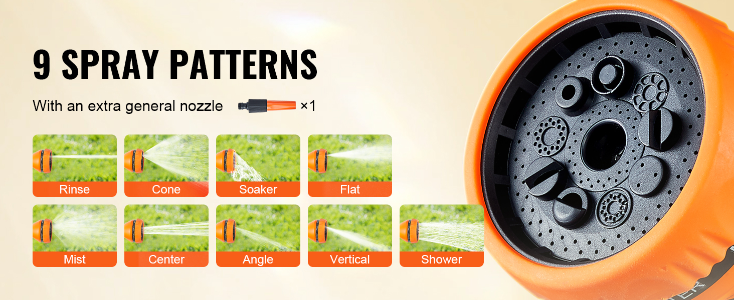 9 spray patterns of VEVOR retractable hose reel with extra general nozzle: rinse, cone, soaker, flat, mist.