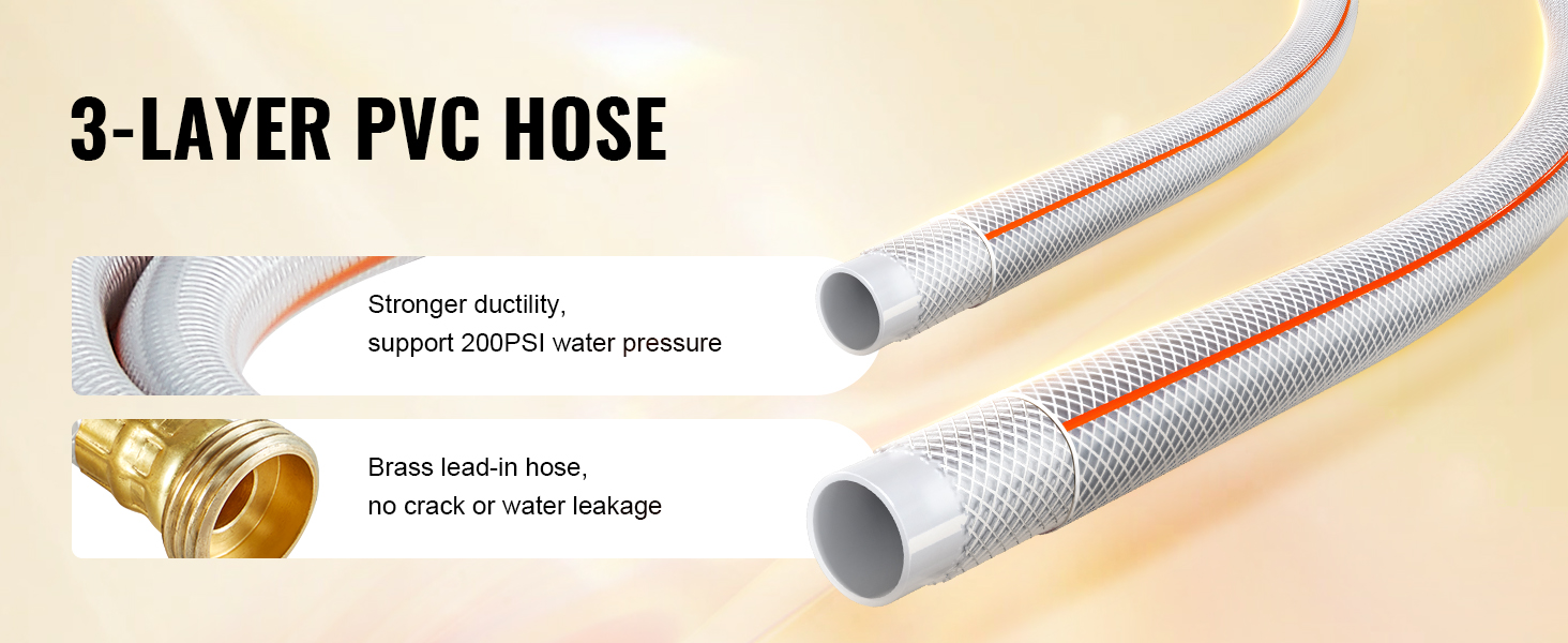 3-layer pvc hose with brass lead-in for the VEVOR retractable hose reel, supports 200 psi water pressure.