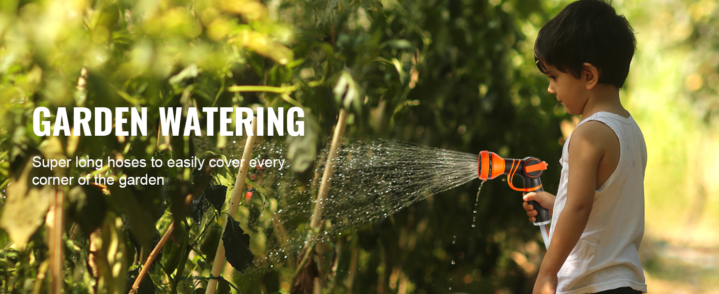 child using VEVOR retractable hose reel for garden watering with long hose covering plants.