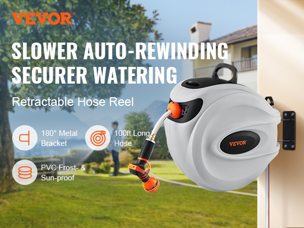VEVOR Retractable Hose Reel Water Hose Reel 100'x1/2 180° Swivel Wall- Mounted,Garden Water Hose Reel with 9-Pattern Nozzle,Automatic Rewind, Lock  at Any Length, with Slow Return System
