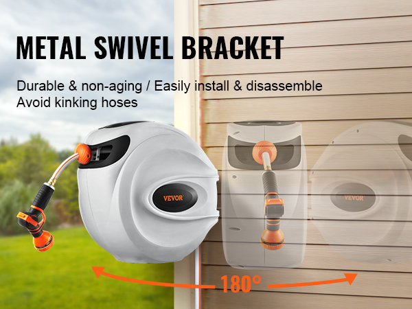 SILVEL Retractable Hose Reel, 1/2x65 ft Wall Mounted Garden Hose Reel,  with 9 Pattern Nozzle, Any Length Lock, Slow Return System, 180°Swivel  Bracket