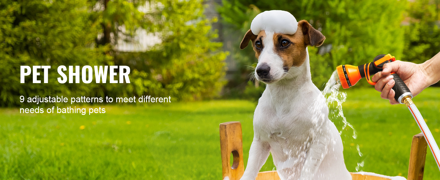 pet being washed outdoors with a hose, promoting 9 adjustable patterns for pet shower needs.