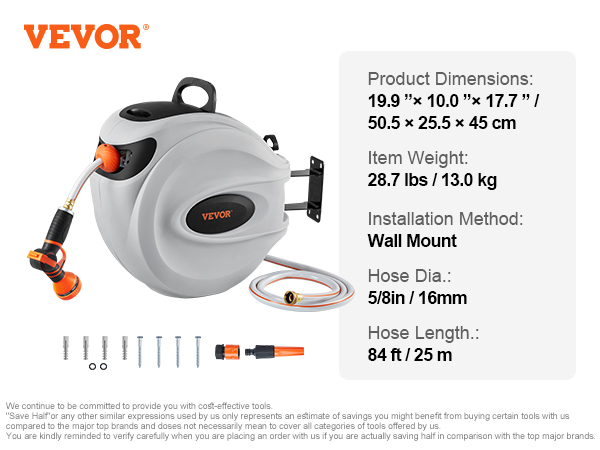 Vevor Retractable Hose Reel, 130 Ft X 1/2 Inch, 180° Swivel Bracket Wall-Mounted, Garden Water Hose Reel With 9-Pattern Nozzle, Automatic Rewind, Lock