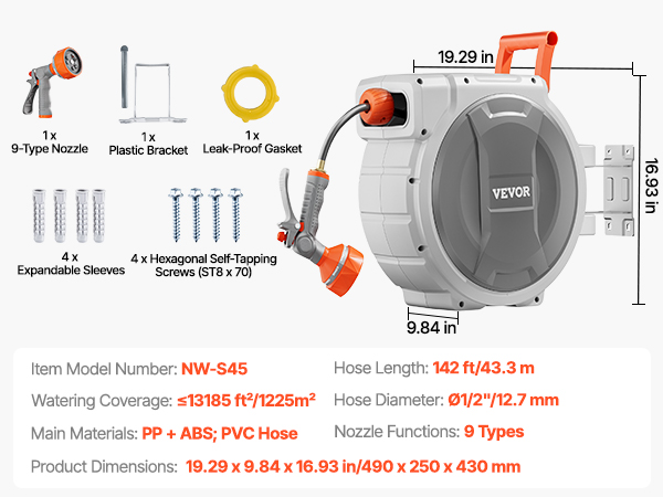 Retractable Garden Hose Reel 1/2 Inch x 145 ft Wall Mounted Garden Hose Reel
