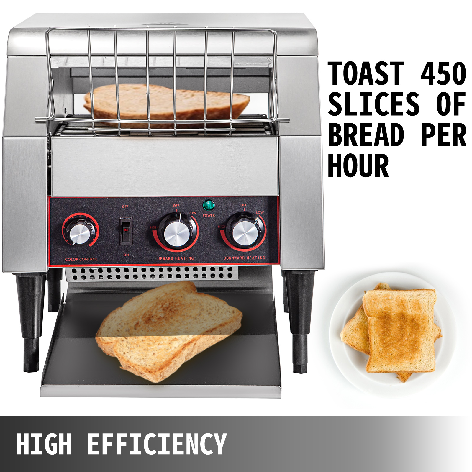 VEVOR 450 Slices/Hour Commercial Conveyor Toaster,2600W Stainless Steel  Heavy Duty Industrial Toasters w/ Double Heating Tubes,Countertop Electric  Restaurant Equipment for Bun Bagel Bread Baked Food VEVOR US
