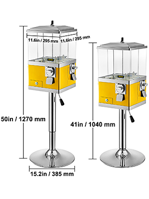 VEVOR Gumball Machine with Stand, Yellow Quarter Candy Dispenser, Rotatable Four Compartments Square Candy Vending Machine, PC & Iron Large Gumball Bank Adjustable Dispenser Wheels for 1" Gumballs